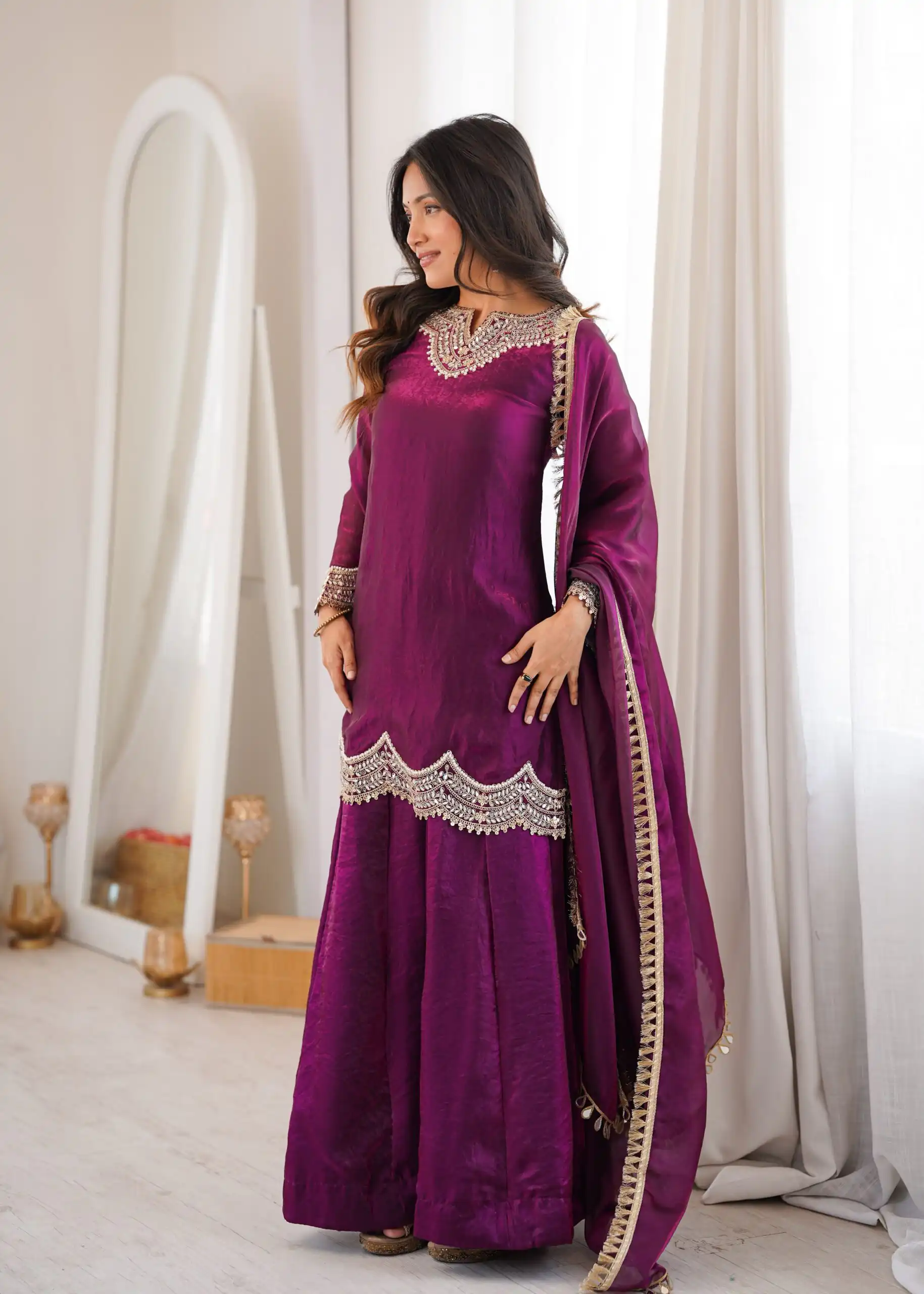 Super Wine Fendy Silk Embroidery Mirror Work⁠ Salwar Suit