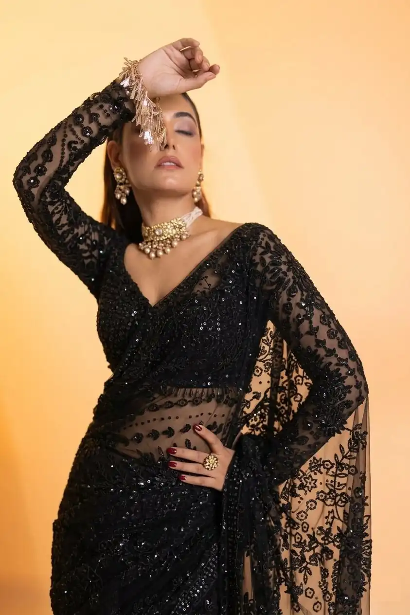 Trendy Black Butterfly Net Sequence Work Saree