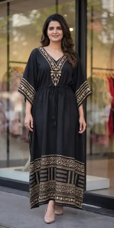 Trendy Black French Crape Prints Kaftan Kurti