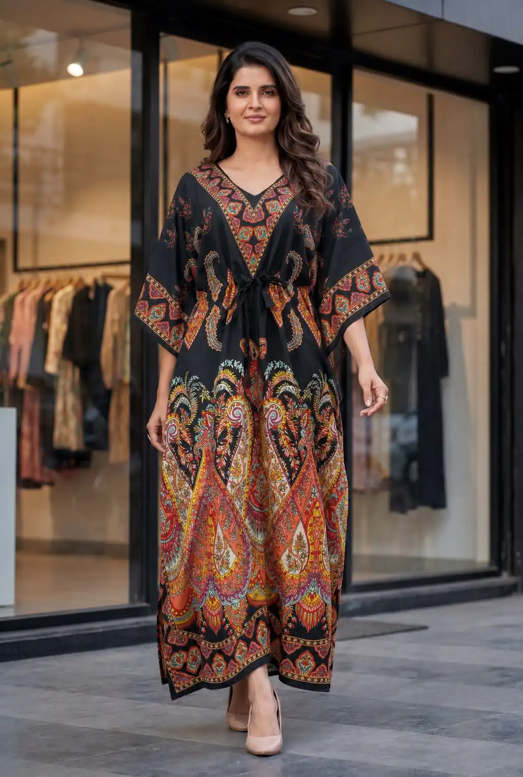 Trendy Black Red French Crape Prints Kaftan Kurti