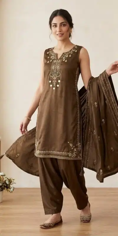 Trendy Brown Cos Moss Embroidery Work Salwar Suit