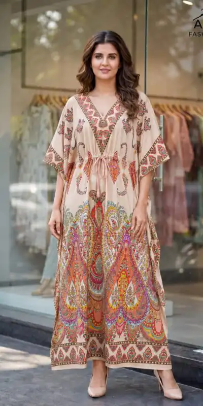 Trendy Cream French Crape Prints Kaftan Kurti