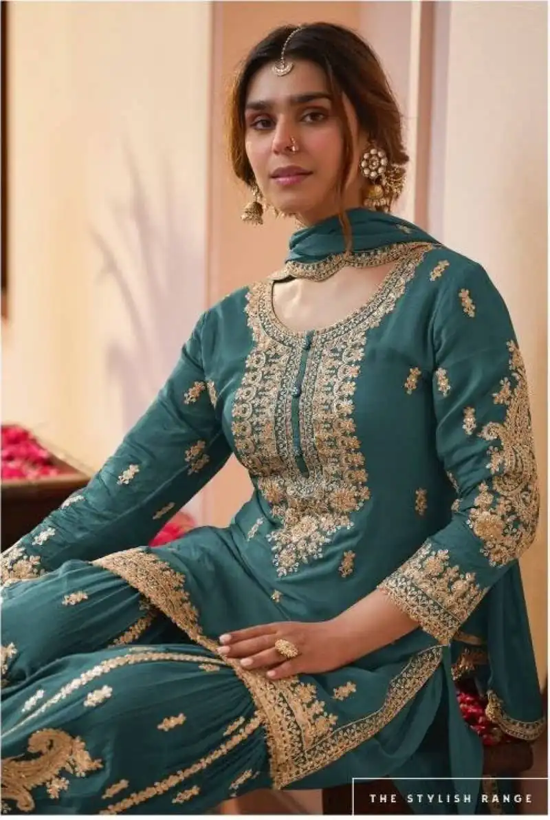 Trendy Teal Faux Georgette Embroider Work Salwar Suit