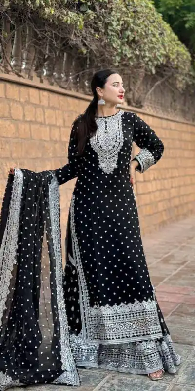 Unique Black Faux Georgette Embroidery Work Salwar Suit