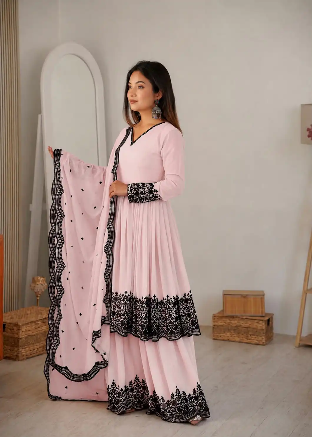 Unique Pink Faux Georgette Embroidery Work Salwar Suit