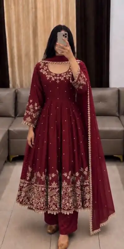 SR 1719 Maroon Faux Georgette Gown Perfect for Wedding, Party, Raksha Bandhan, Temple Visit, Onam – . Get it for ₹2149. Delivery 4-6 Working Days. Shop now | Gowns, Bollywood Gowns, Creative Gowns, Designer Gowns, Embroidered Gowns, Party Wear Gowns