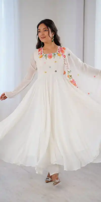 NSR 901 White Faux Georgette Salwar Suit with Lace Work & Embroidery Work. Introductory Price ₹2099. Delivery 4-6 Working Days. Shop now. | Jump Suits, Salwar suit, Casual Suits, Creative suits, Designer Suits, Palazzo Suits, Party Wear Suits, Patiala Suits, Straight Suits