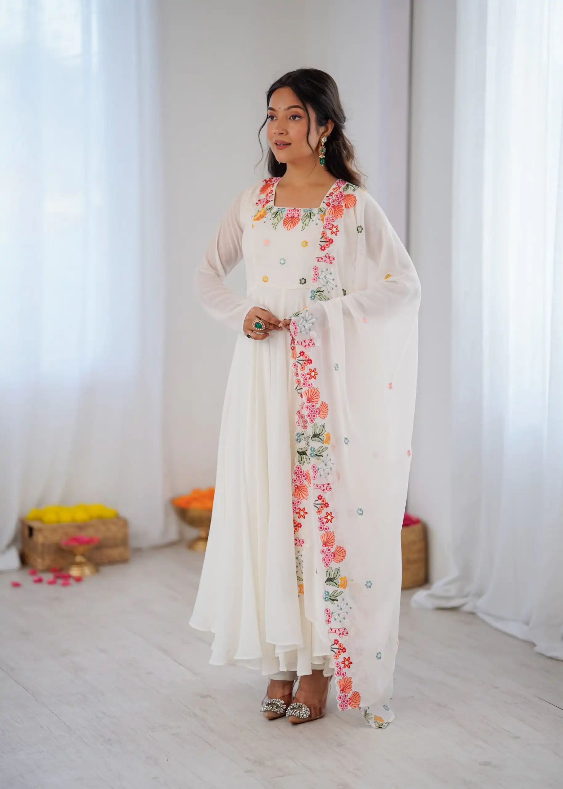 NSR 901 White Faux Georgette Salwar Suit with Lace Work & Embroidery Work. Introductory Price ₹2099. Delivery 4-6 Working Days. Shop now. | Jump Suits, Salwar suit, Casual Suits, Creative suits, Designer Suits, Palazzo Suits, Party Wear Suits, Patiala Suits, Straight Suits