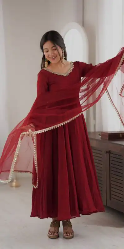 SRK 5355 Maroon Doremon Crush Gown with Lace Work & Mirror Work. Exclusive Offer ₹2099. Delivery 4-6 Working Days. Shop now. | Gowns, Bollywood Gowns, Creative Gowns, Designer Gowns, Embroidered Gowns, Party Wear Gowns