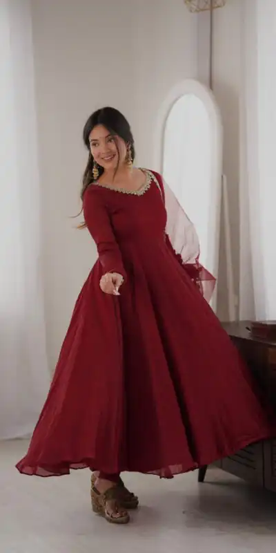 SRK 5355 Maroon Doremon Crush Gown with Lace Work & Mirror Work. Exclusive Offer ₹2099. Delivery 4-6 Working Days. Shop now. | Gowns, Bollywood Gowns, Creative Gowns, Designer Gowns, Embroidered Gowns, Party Wear Gowns
