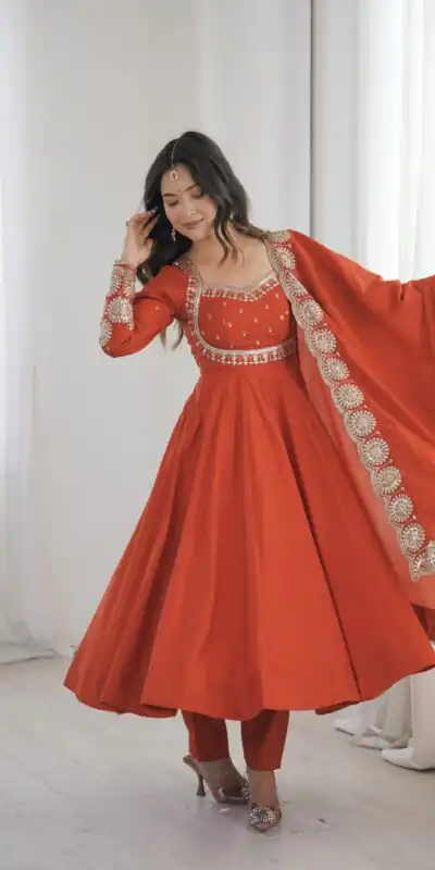 ZF 5026  Orange Colour Roman Silk Salwar Suit with Embroidery Work. Best Price ₹2399. Delivery 4-6 Working Days. Shop now. | Anarkali Suits, Bollywood Anarkali, Creative-Anarkali, Designer Anarkali, Embroidered Anarkali, Party Wear Anarkali