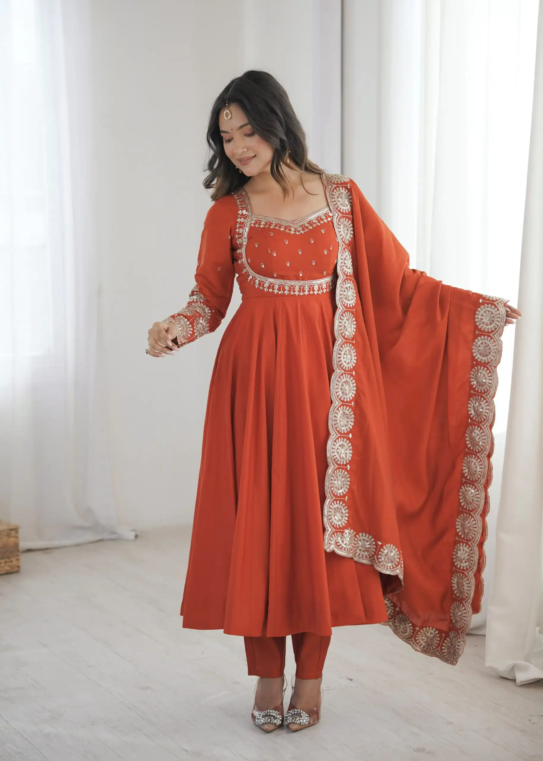 ZF 5026  Orange Colour Roman Silk Salwar Suit with Embroidery Work. Best Price ₹2399. Delivery 4-6 Working Days. Shop now. | Anarkali Suits, Bollywood Anarkali, Creative-Anarkali, Designer Anarkali, Embroidered Anarkali, Party Wear Anarkali