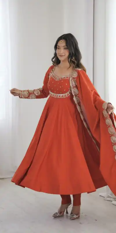 ZF 5026  Orange Colour Roman Silk Salwar Suit with Embroidery Work. Best Price ₹2399. Delivery 4-6 Working Days. Shop now. | Anarkali Suits, Bollywood Anarkali, Creative-Anarkali, Designer Anarkali, Embroidered Anarkali, Party Wear Anarkali