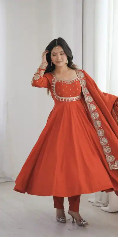 ZF 5026  Orange Colour Roman Silk Salwar Suit with Embroidery Work. Best Price ₹2399. Delivery 4-6 Working Days. Shop now. | Anarkali Suits, Bollywood Anarkali, Creative-Anarkali, Designer Anarkali, Embroidered Anarkali, Party Wear Anarkali