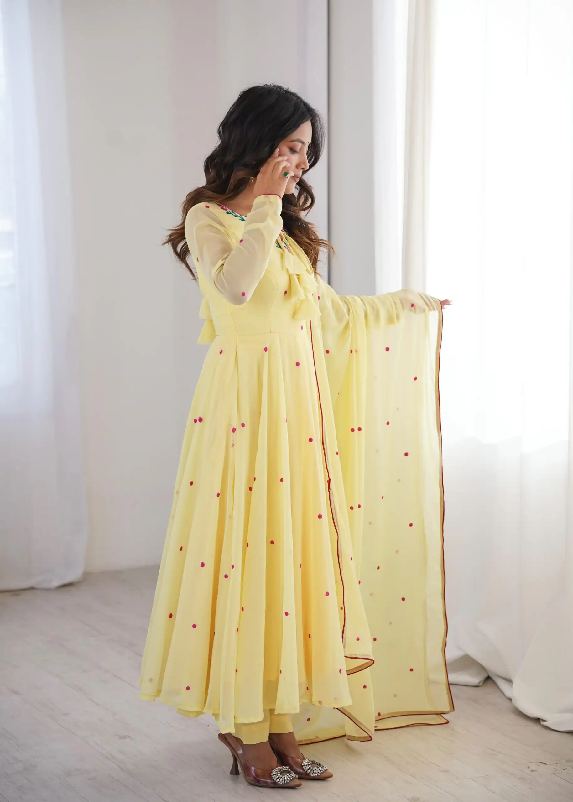 SP 82 Yellow in Heavy Faux Georgette Embroidery Work Salwar Suit . Introductory Price ₹1999. Delivery 4-6 Working Days. Shop now. | Anarkali Suits, Bollywood Anarkali, Creative-Anarkali, Designer Anarkali, Embroidered Anarkali, Party Wear Anarkali