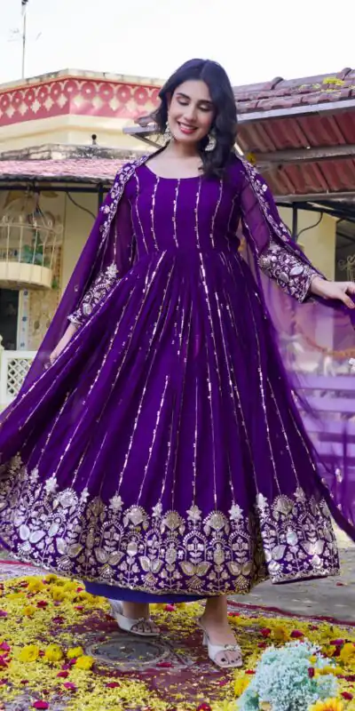 Ram 170 | Purple Fox Georgette Gown with Embroidery Work & Sequins Work. Available at ₹2149 only. Delivery 4-6 Working Days. Shop now. | Gowns, Bollywood Gowns, Creative Gowns, Designer Gowns, Embroidered Gowns, Party Wear Gowns