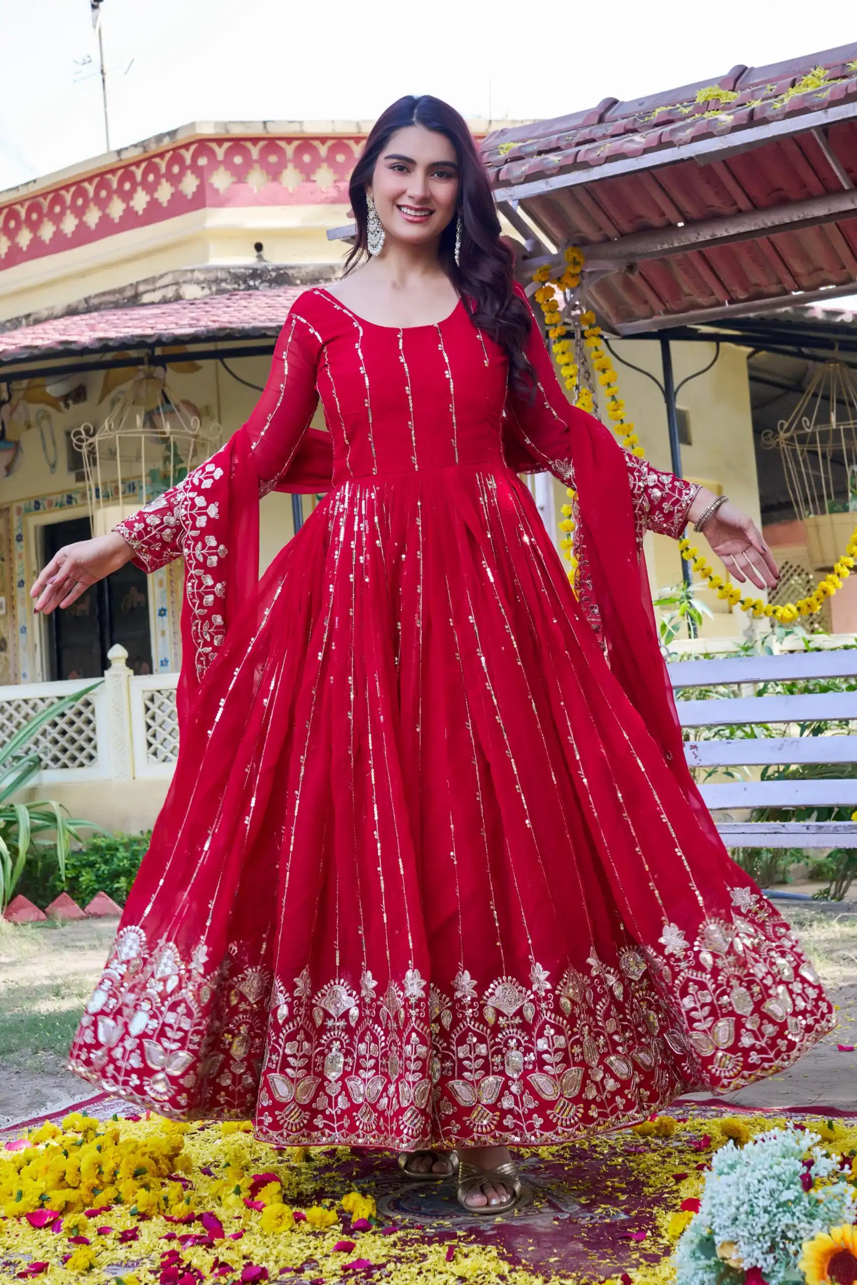 Ram 170 | Red Fox Georgette Gown with Embroidery Work & Sequins Work. Available at ₹2149 only. Delivery 4-6 Working Days. Shop now. | Gowns, Bollywood Gowns, Creative Gowns, Designer Gowns, Embroidered Gowns, Party Wear Gowns