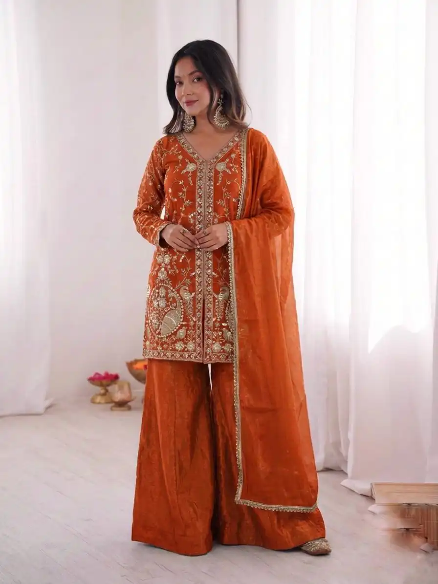 JF 043 Orange Pure Fendy Silk Salwar Suitwith Embroidery Work & Sequins Work. Exclusive Offer ₹1940. Delivery 4-6 Working Days. Shop now. | Jump Suits, Salwar suit, Casual Suits, Creative suits, Designer Suits, Palazzo Suits, Party Wear Suits, Patiala Suits, Straight Suits
