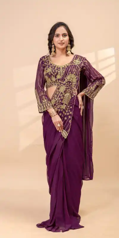 Nice Wine Faux Georgette Embroidery Bead Work Saree