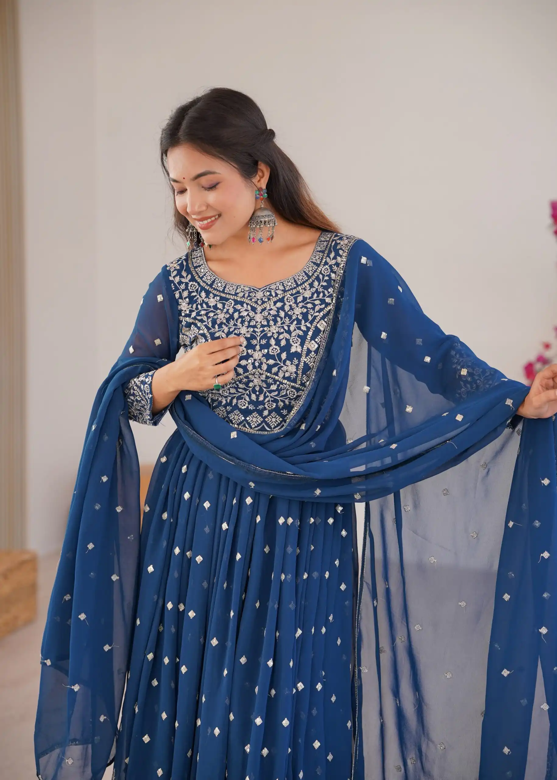 SP 81 Navy Blue| Faux Georgette Salwar Suit with Lace Work & Digital Print. Introductory Price ₹2449. Delivery 4-6 Working Days. Shop now. | Anarkali Suits, Bollywood Anarkali, Creative-Anarkali, Designer Anarkali, Embroidered Anarkali, Party Wear Anarkali, Salwar suit