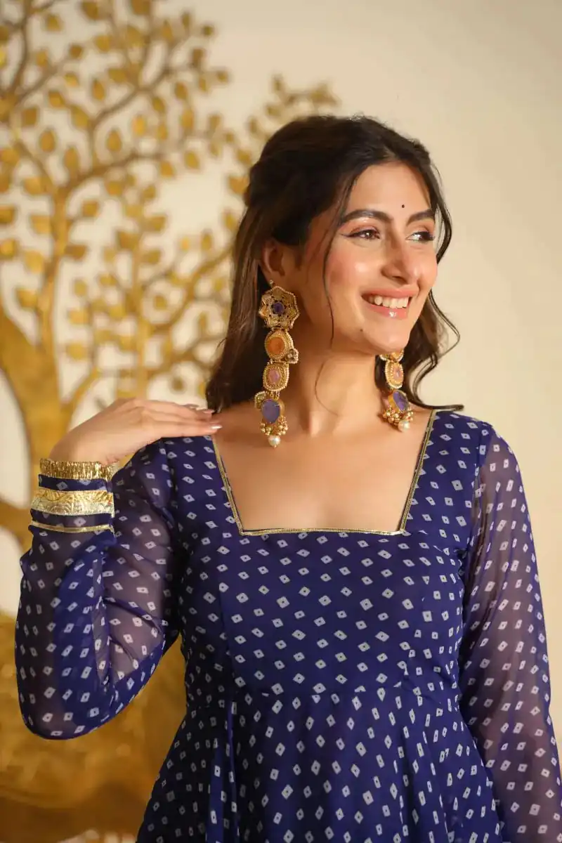 KD 1637 Navy Blue in Colour Faux Georgette Bandhani Print Work Gown. Available at ₹1999 only. Delivery 4-6 Working Days. Shop now. | Gowns, Bollywood Gowns, Creative Gowns, Designer Gowns, Embroidered Gowns, Party Wear Gowns