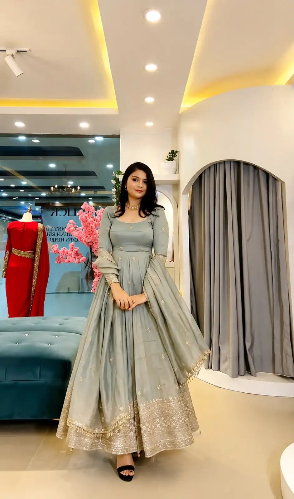 SSR 547 Grey in Crunchy Silk Embroidery Work & Lace Work Gown . Special Price ₹2399. Delivery 4-6 Working Days. Shop now. | Gowns, Bollywood Gowns, Creative Gowns, Designer Gowns, Embroidered Gowns, Party Wear Gowns