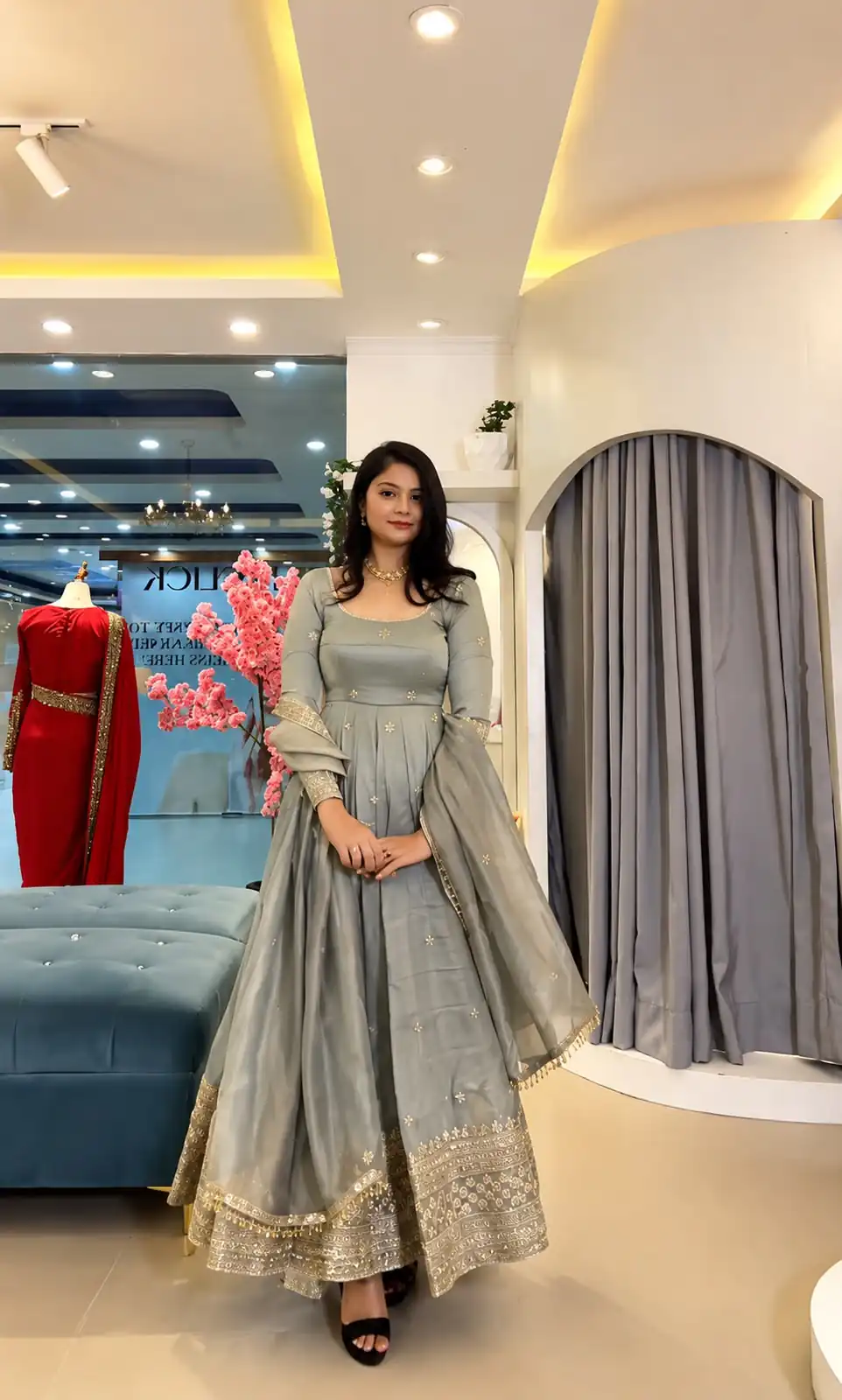 SSR 547 Grey in Crunchy Silk Embroidery Work & Lace Work Gown . Special Price ₹2399. Delivery 4-6 Working Days. Shop now. | Gowns, Bollywood Gowns, Creative Gowns, Designer Gowns, Embroidered Gowns, Party Wear Gowns