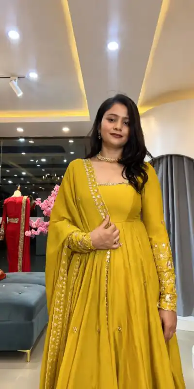 SSR 544 Yellow in Crunchy Silk Embroidery Work & Lace Work Gown . Special Price ₹2399. Delivery 4-6 Working Days. Shop now. | Gowns, Bollywood Gowns, Creative Gowns, Designer Gowns, Embroidered Gowns, Party Wear Gowns