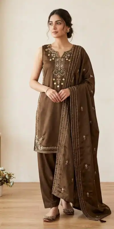 LG 2126 Brown Cos Moss Salwar Suit with Embroidery Work & Sequins Work. Affordable Price ₹2149. Delivery 4-6 Working Days. Shop now. | Jump Suits, Salwar suit, Casual Suits, Creative suits, Designer Suits, Palazzo Suits, Party Wear Suits, Patiala Suits, Straight Suits