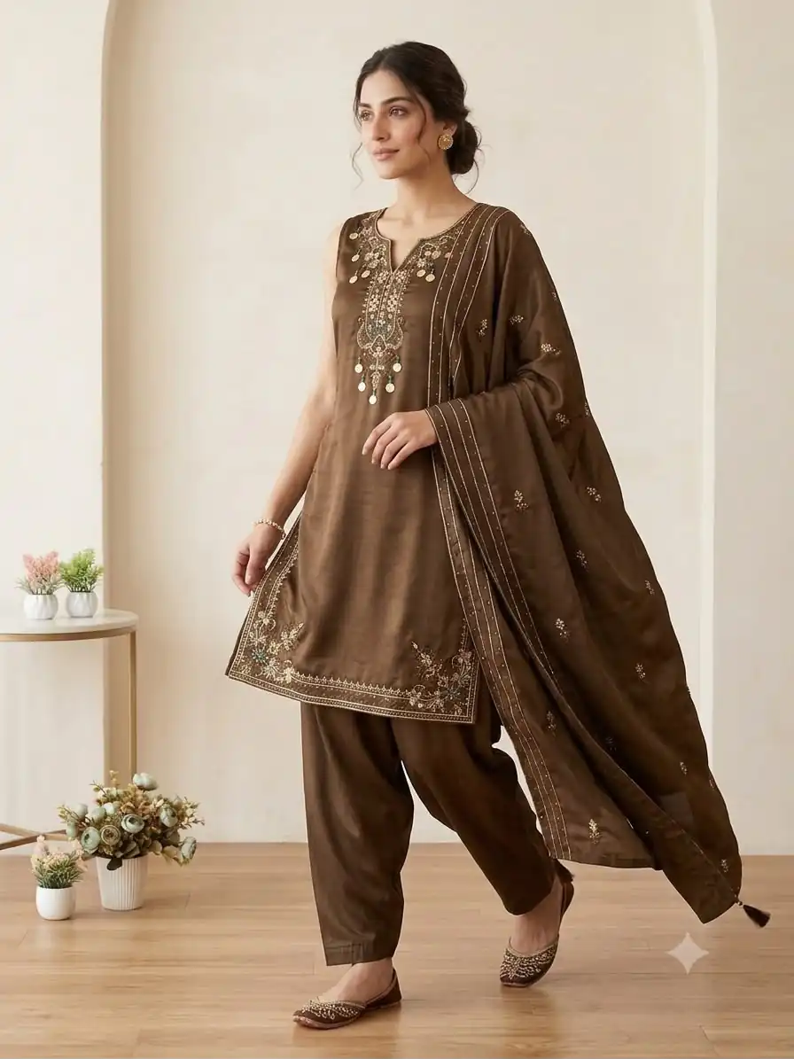 LG 2126 Brown Cos Moss Salwar Suit with Embroidery Work & Sequins Work. Affordable Price ₹2149. Delivery 4-6 Working Days. Shop now. | Jump Suits, Salwar suit, Casual Suits, Creative suits, Designer Suits, Palazzo Suits, Party Wear Suits, Patiala Suits, Straight Suits