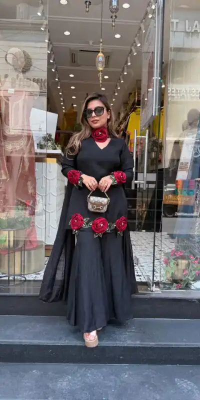 Aglow Black French Crep Silk Moti Work Salwar Suit