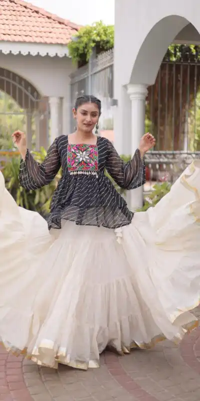 Aglow Black Kora Cotton Kutchi Patch Work Lehenga Choli