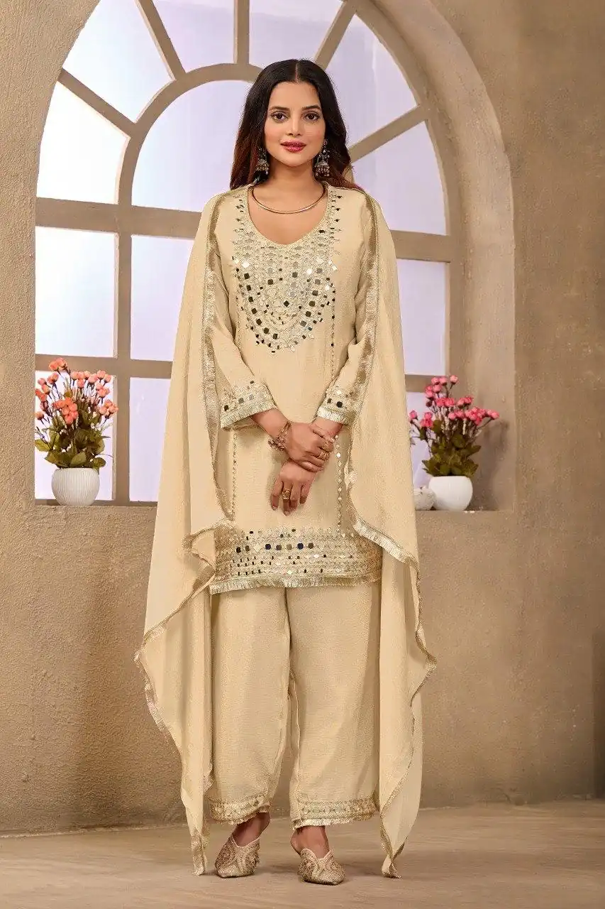 Aglow Cream Chinon Silk Mirror Work Salwar Suit