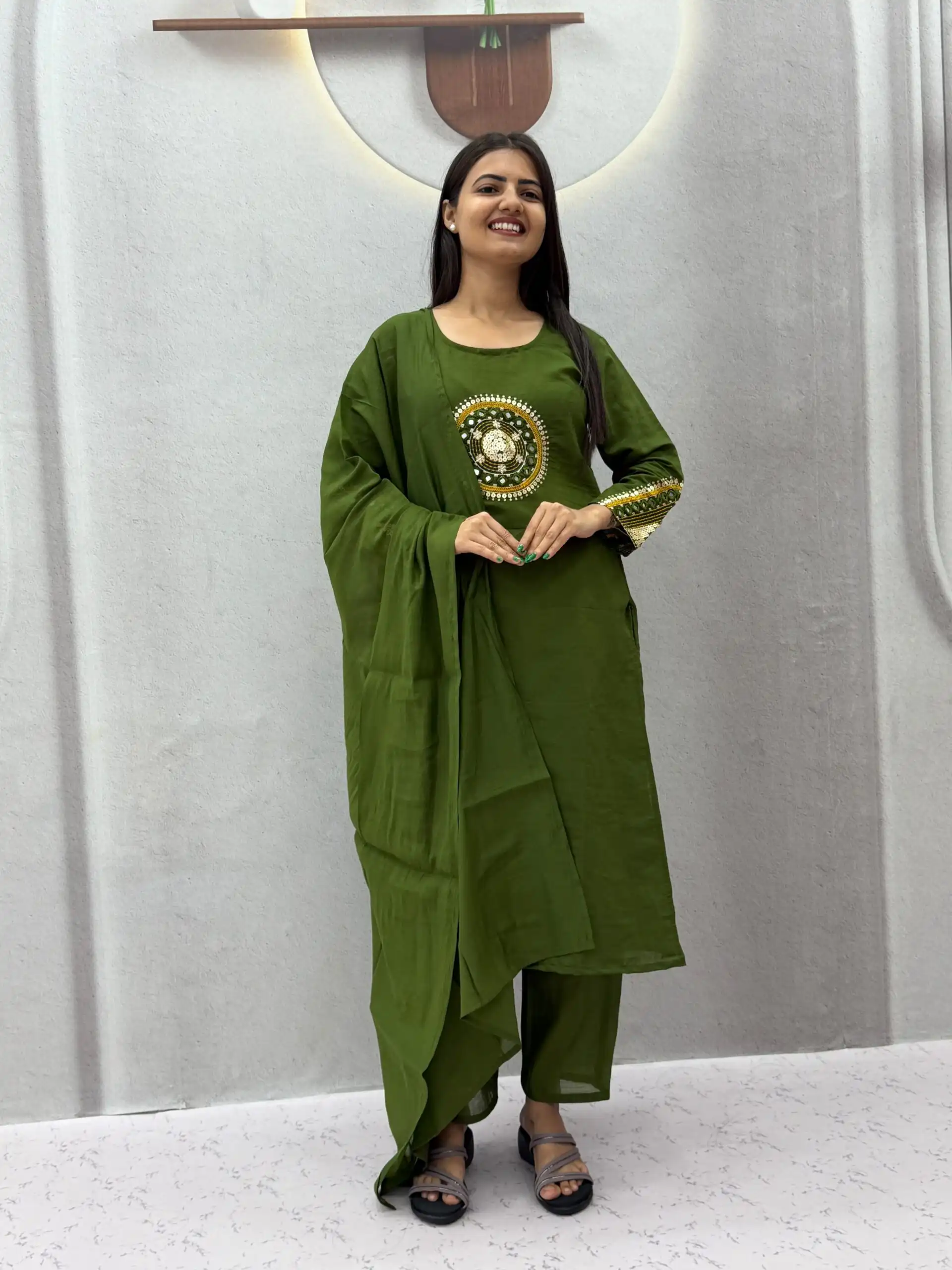 Aglow Green Roman Silk Hand Work Salwar Suit