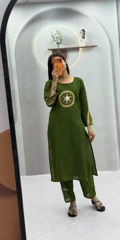 Aglow Green Roman Silk Hand Work Salwar Suit