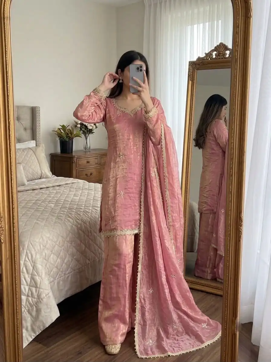 Aglow Peach Fendy Silk ⁠Embroidery Work Salwar Suit Aglow Peach Fendy Silk ⁠Embroidery Work Salwar Suit