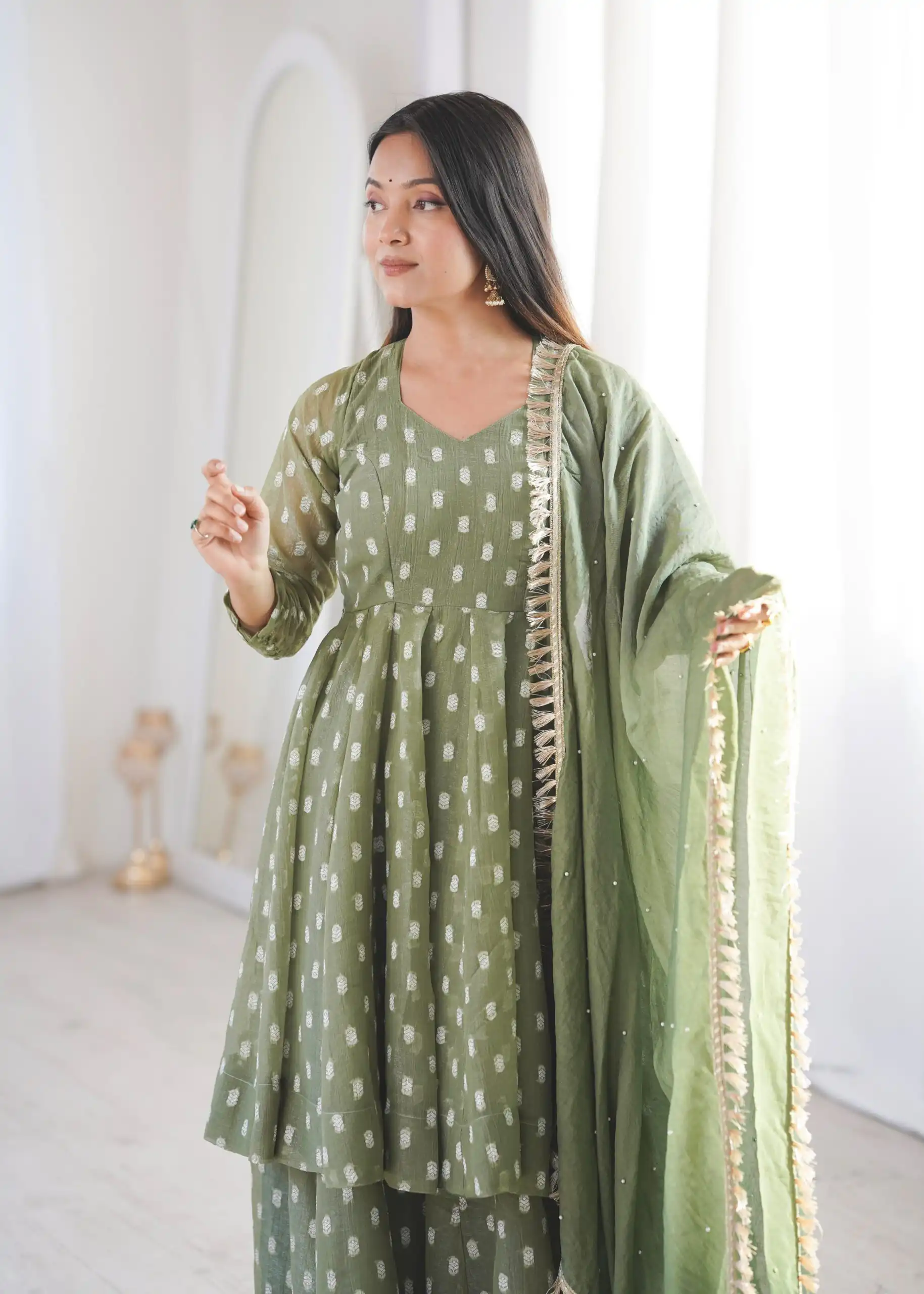 Aglow Pista Crunchy Silk Jacquard Work Salwar Suit