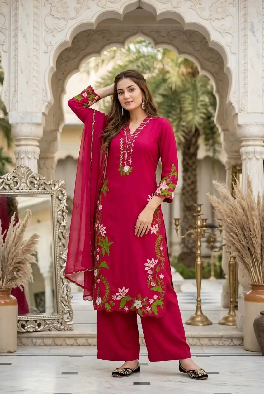 Aglow Red Roman Silk Embroidery Work Salwar Suit