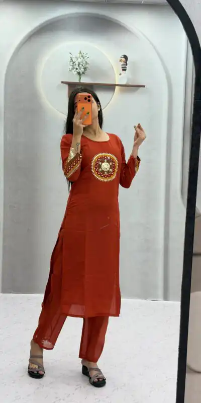 Aglow Rust Roman Silk Hand Work Salwar Suit