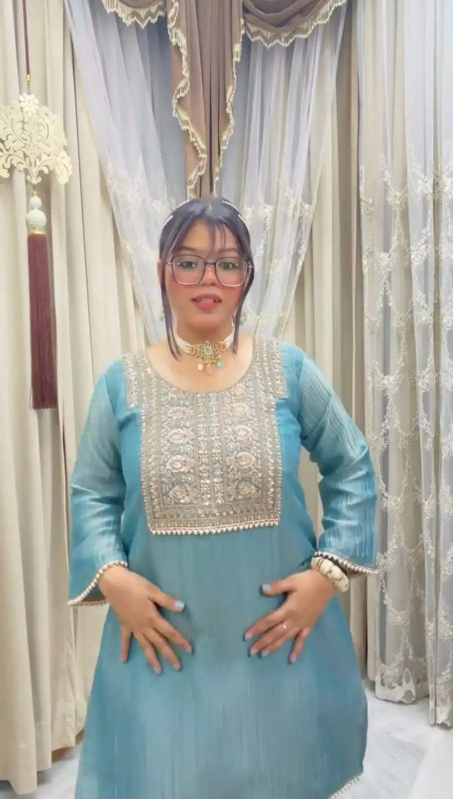 Aglow Sky Blue Crunchy Silk Embroidery Work Salwar Suit