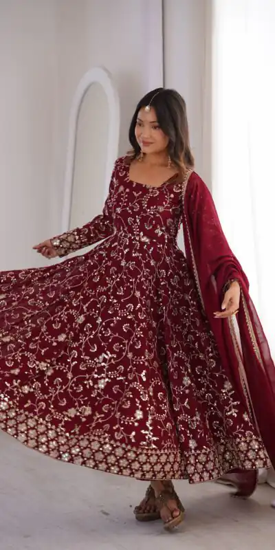Beautiful Maroon Fox Georgette Embroidery Work Gown
