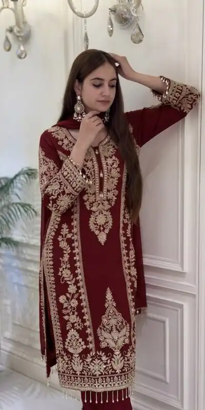Classic Maroon Faux Georgette Embroider Work Salwar Suit