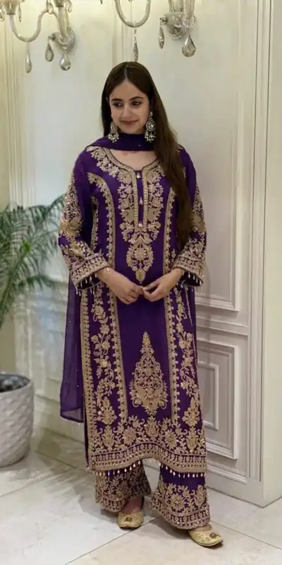 Classic Purple Faux Georgette Embroider Work Salwar Suit