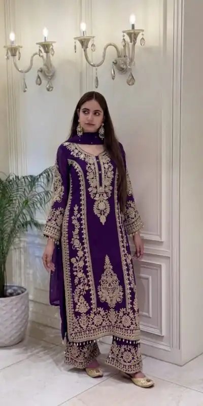 Classic Purple Faux Georgette Embroider Work Salwar Suit