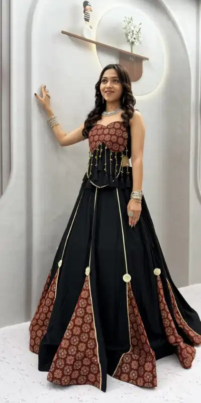 Fancy Black Pure Cotton Ajarak Hand Work Lehenga Choli