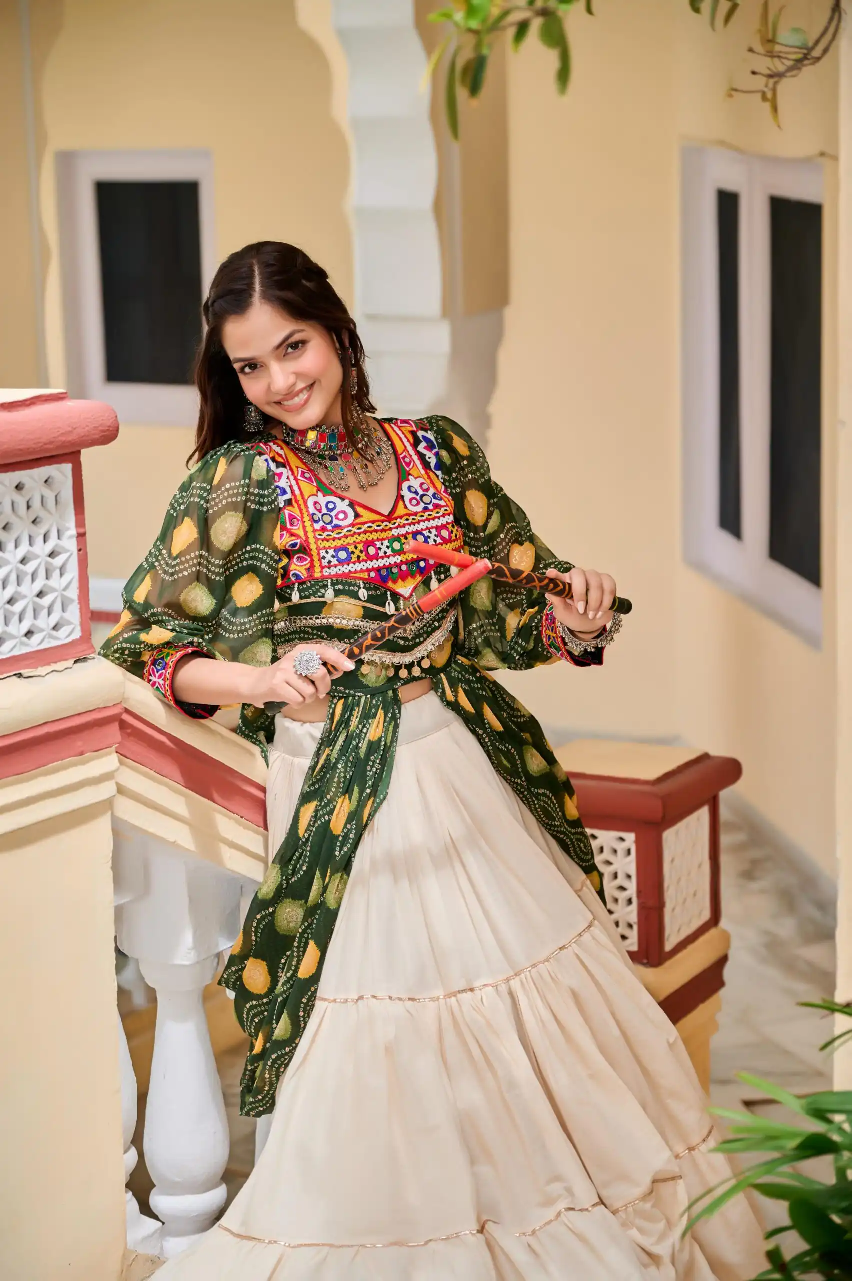 Fancy Green Pure Cotton Gamthi Work Lehenga Choli