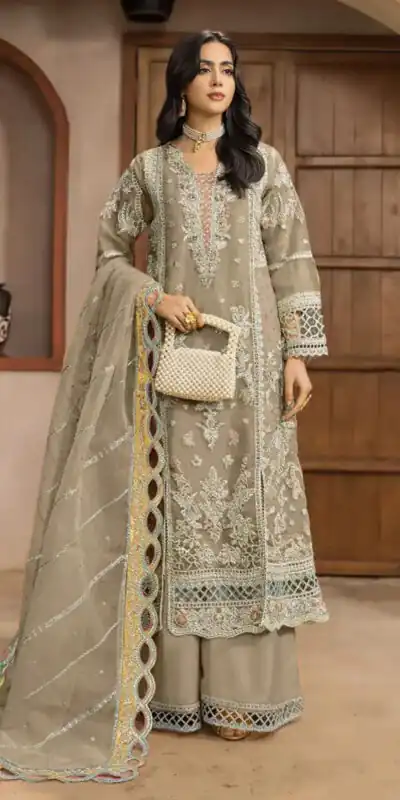 Fancy Grey Chiffon Embroidery Sequins Work Salwar Suit