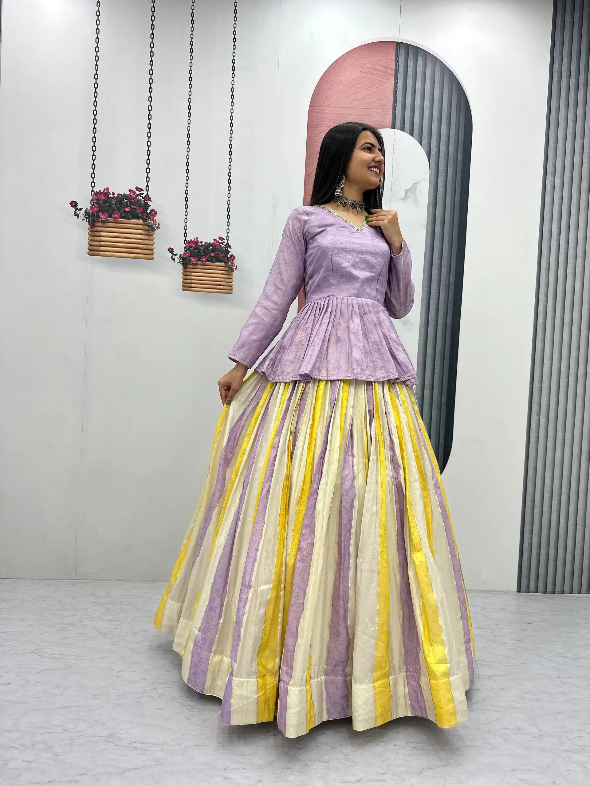 Fancy Lavender Jacquard Silk Lace Work Lehenga Choli