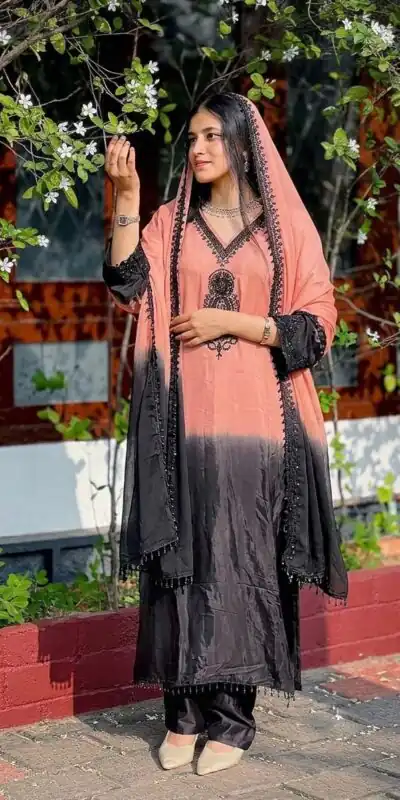 Fancy Peach French Crep Silk Embroidery Salwar Suit
