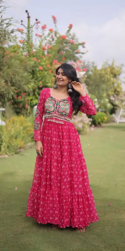 Fancy Pink Faux Georgette Bandhani Print Work Gown